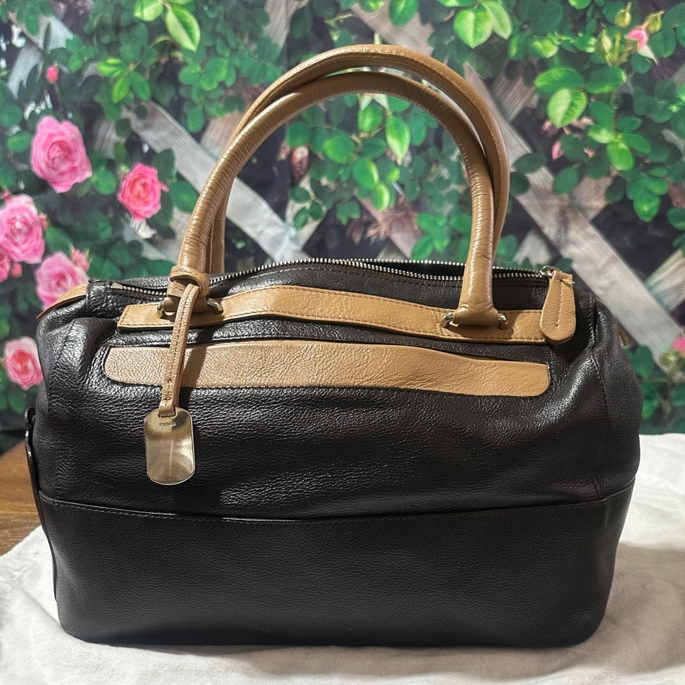 FURLA Two-Tone Leather Satchel Bag - Black & Tan